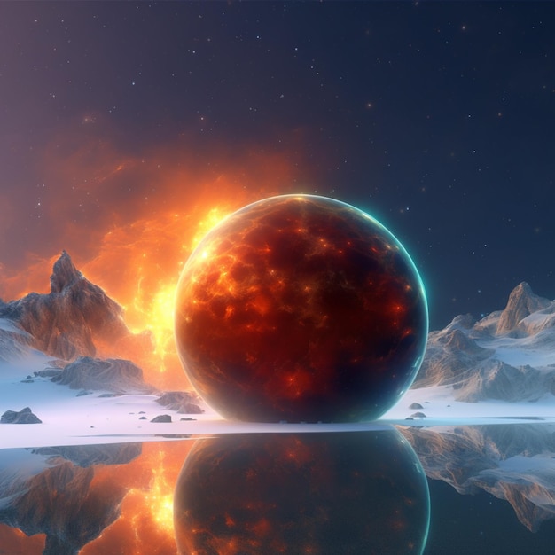 Арафированное изображение планеты с ярко-оранжевым свечением, генерирующее искусственный интеллект
