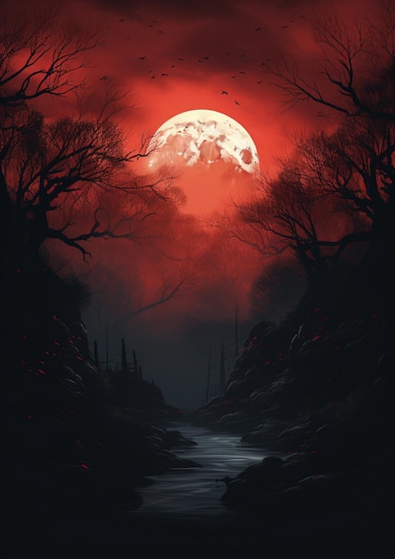 Arafed image of a red moon rising over a river generative ai