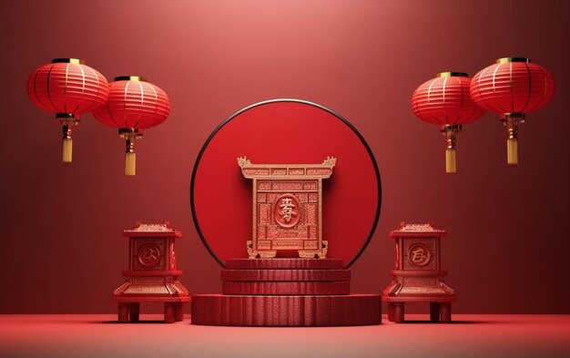 Arafed image of a red room with lanterns and a clock generative ai