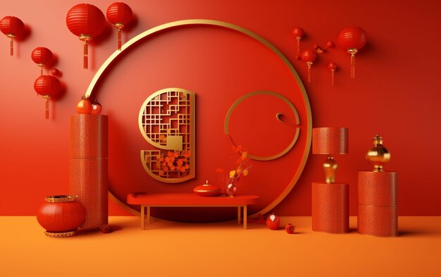 Arafed image of a red room with a mirror and a table generative ai