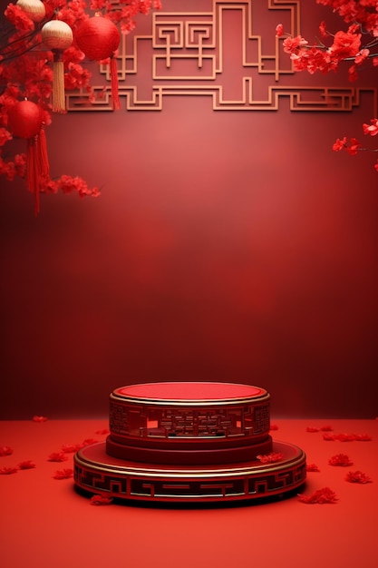 arafed image of a red stage with a red background and red lanterns generative ai