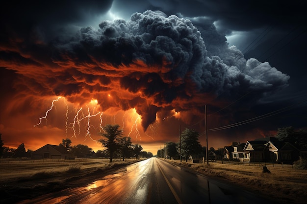 Arafed image of a road with a large cloud of smoke and lightning generative ai