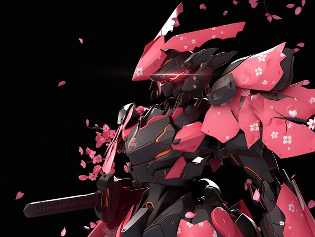 arafed image of a robot with a sword and pink flowers generative ai