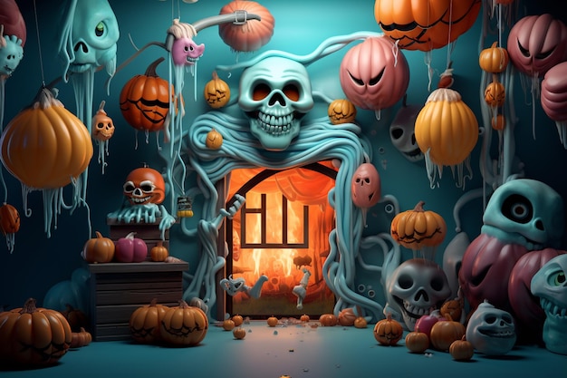 arafed image of a room with a door and a bunch of pumpkins generative ai