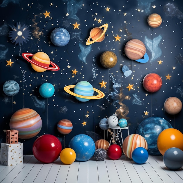Арафированное изображение комнаты со стеной с планетами и звездами генеративный ай