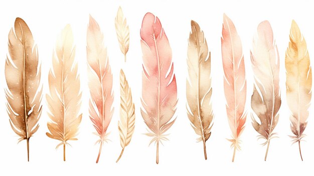 Arafed image of a row of feathers painted in watercolor generative ai