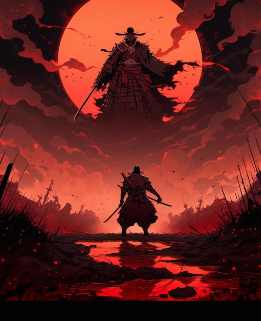 Арафированное изображение самурая, стоящего перед полной луной, генеративный ИИ