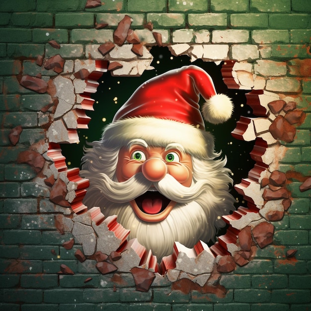 Изображение Санта-Клауса, глядящего через отверстие в кирпичной стене