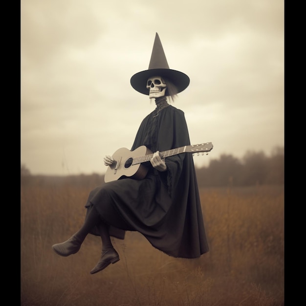 Arafed image of a skeleton dressed in a witch costume with a guitar generative ai