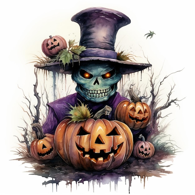 arafed image of a skeleton in a top hat with pumpkins generative ai