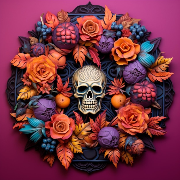 Arafed image of a skull surrounded by flowers and leaves generative ai