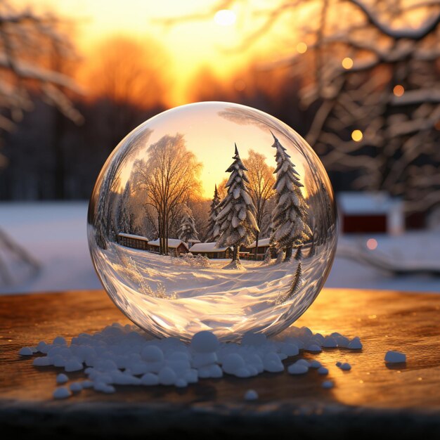 Foto immagine astratta di una sfera di neve con un tramonto sullo sfondo ai generativa