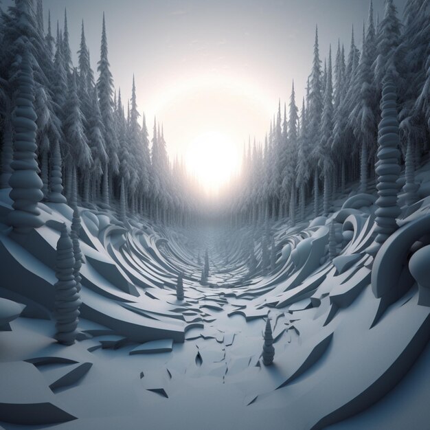 arafed image of a snowy forest with a sun in the background generative ai