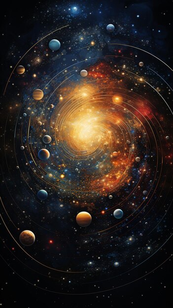 Foto immagine raffigurata di una galassia a spirale con pianeti e stelle generative ai