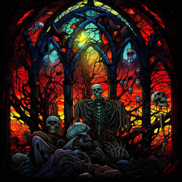 arafed image of a stained glass window with a skeleton and a skeleton generative ai