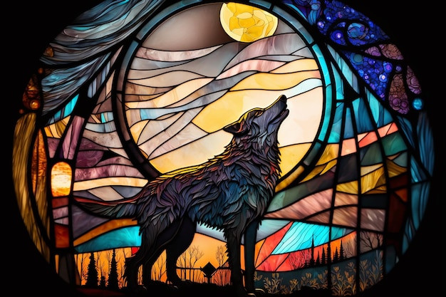 Arafed image of a stained glass window with a wolf in the middle generative ai