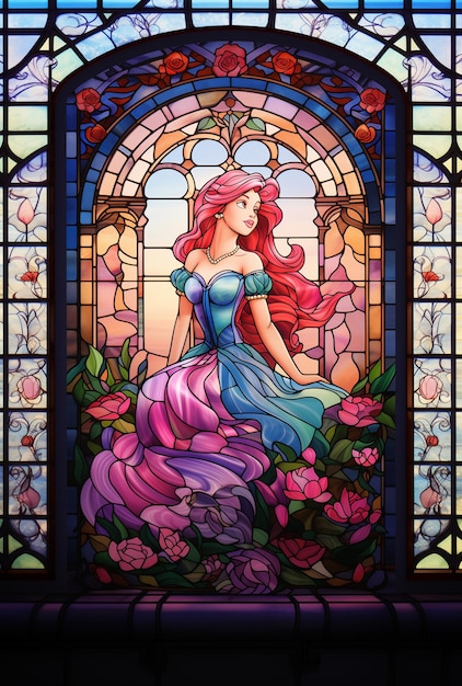 arafed image of a stained glass window with a woman in a dress generative ai