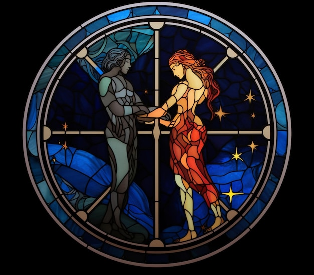 arafed image of a stained glass window with a woman and a man generative ai