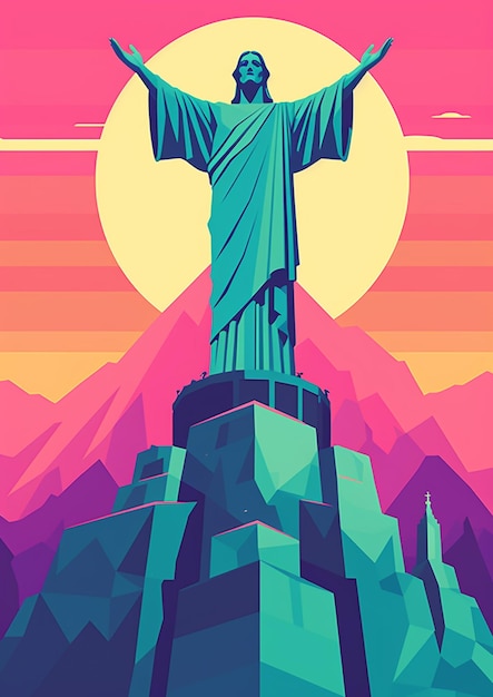 Арафированное изображение статуи Иисуса на горе с заходом солнца на заднем плане