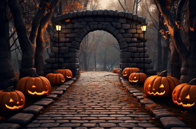 arafed image of a stone path with carved pumpkins in front of a stone arch generative ai