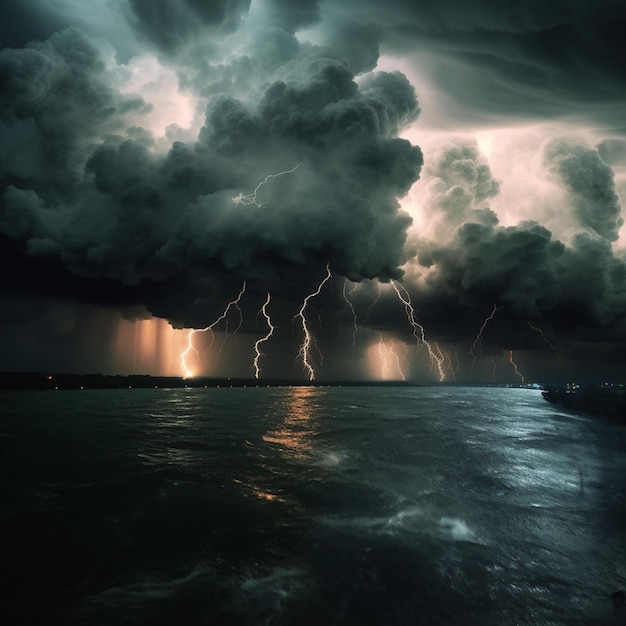 Arafed image of a storm over the ocean with lightning coming from the clouds generative ai