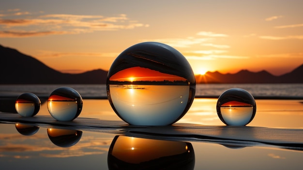 arafed image of a sunset reflecting in a glass ball generative ai