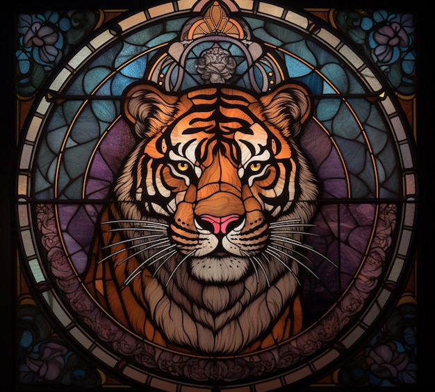 Arafed image of a tiger in a stained glass window generative ai