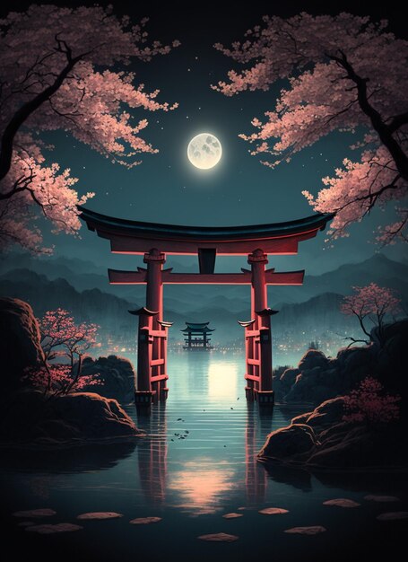 arafed image of a tori tori gate in the moonlight generative ai