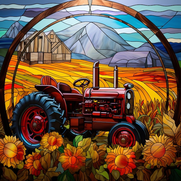 arafed image of a tractor in a field of sunflowers generative ai