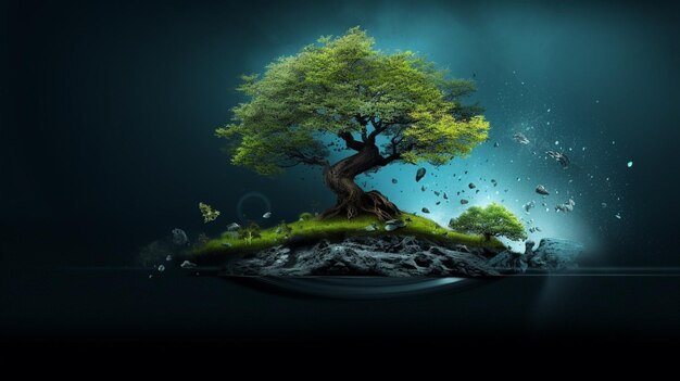 Арафированное изображение дерева на скале с брызгами воды, генеративное искусственное интеллект