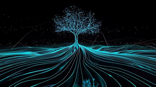 Арафированное изображение дерева с голубым светом в середине генерирующего аи