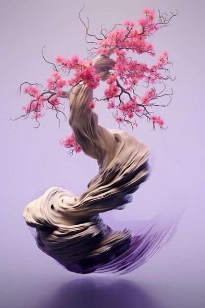 Arafed image of a tree with pink flowers in a flowing body of water generative ai