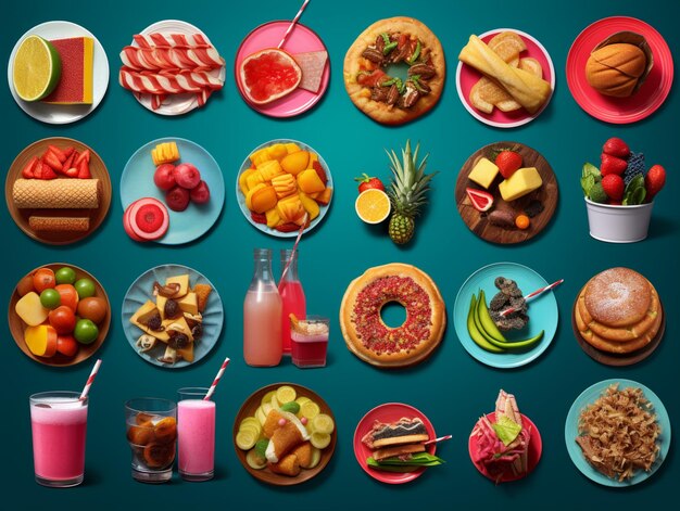 皿や皿に置かれたさまざまな食べ物のアラフェド画像生成AI