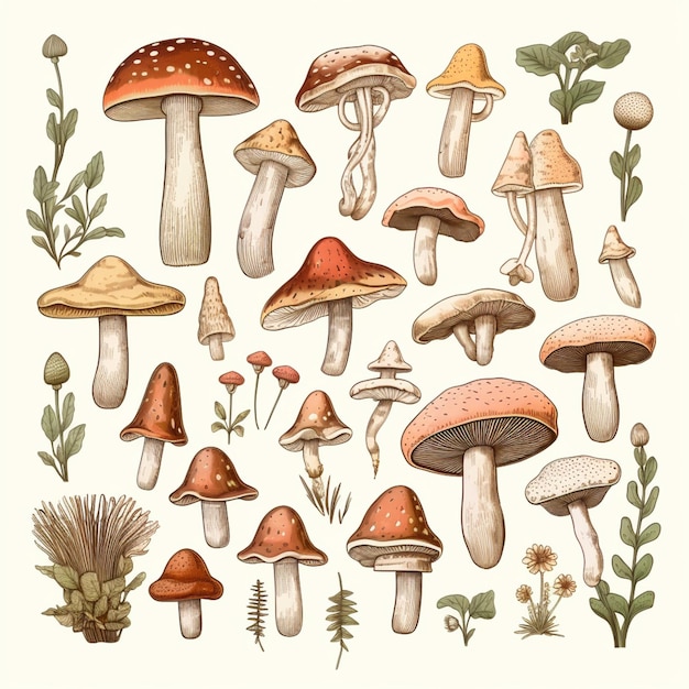 arafed image of a variety of mushrooms and plants generative ai