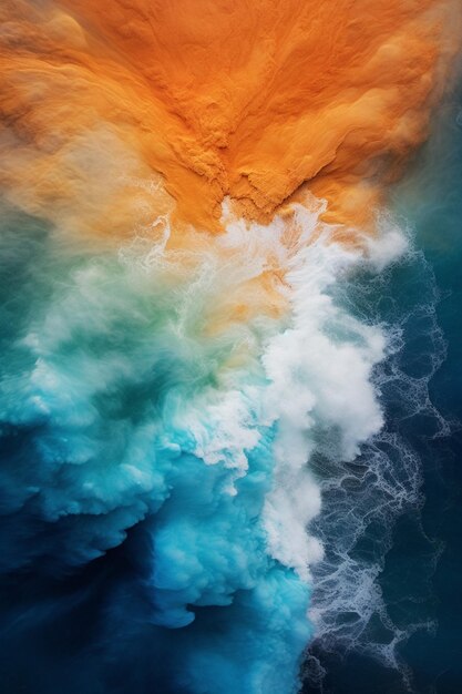 Arafed image of a wave breaking into the ocean with orange and blue colors generative ai