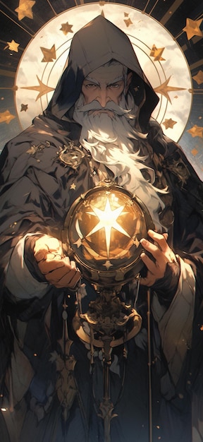 Арафированное изображение волшебника, держащего в руках золотой шар, генеративный ИИ