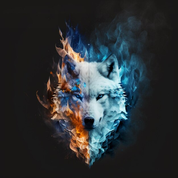 Foto immagine raffigurata di un lupo con una fiamma blu e arancione generativa ai