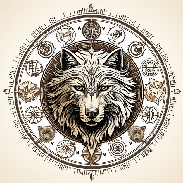 Photo arafed image of a wolf with a circle of symbols generative ai