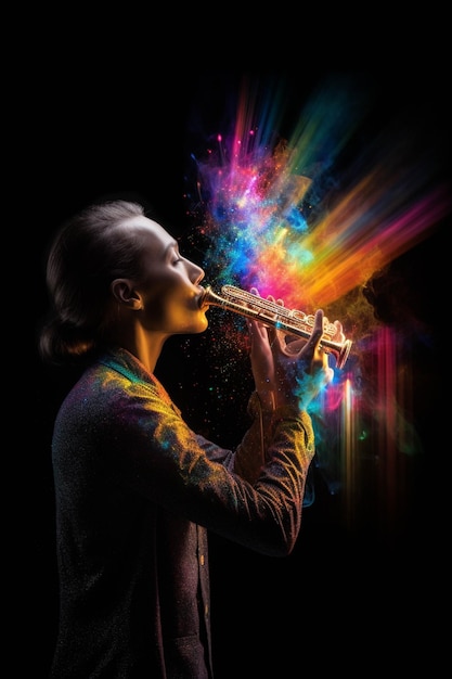 Изображение женщины, дующей в трубу с красочным дымом, генерирующим искусственный интеллект