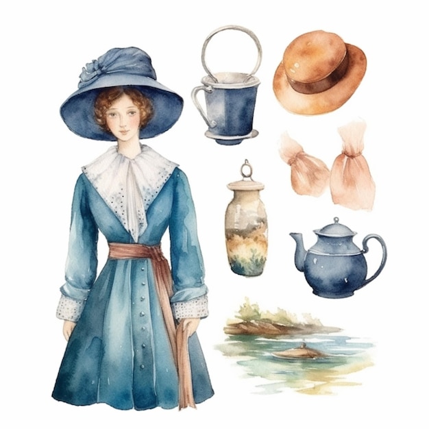 青いドレスを着て帽子をかぶった女性のアラフェッド画像