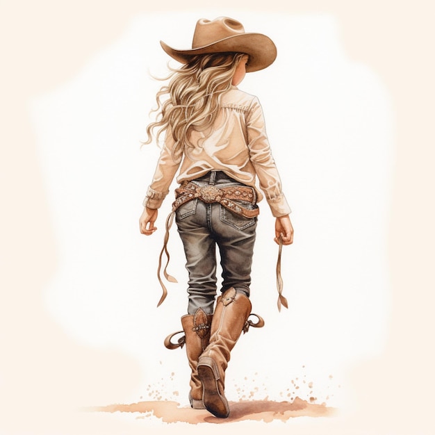 Photo arafed image of a woman in a cowboy outfit walking generative ai