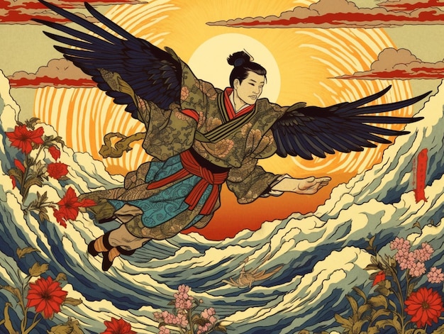 Arafed image of a woman in a kimono dress flying over a wave generative ai