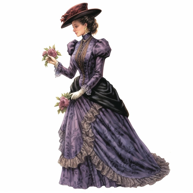 arafed image of a woman in a purple dress and hat holding a rose generative ai