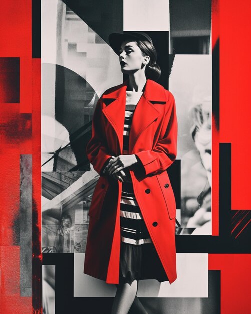 Photo arafed image of a woman in a red coat and a striped dress generative ai