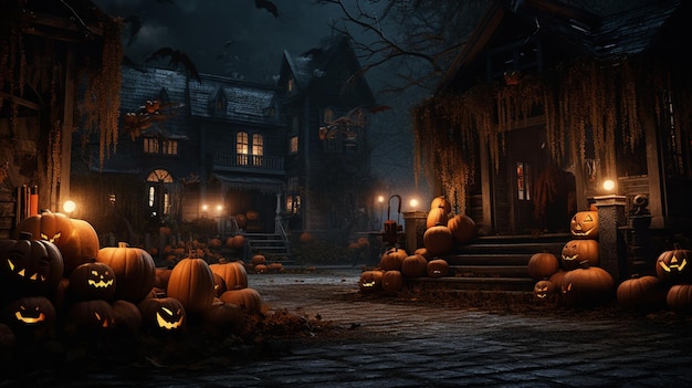 arafed image of a woman sitting on a porch with carved pumpkins generative ai