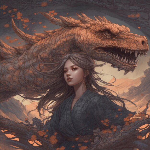 arafed image of a woman standing in front of a dragon generative ai