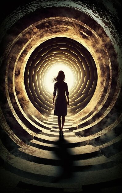 Foto immagine raffigurata di una donna in piedi in un tunnel con una luce alla fine generativa ai