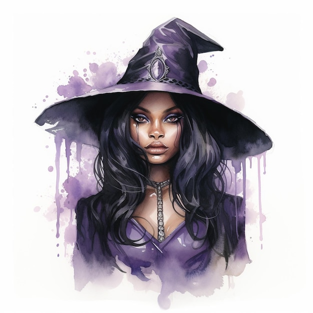 arafed image of a woman wearing a witch hat and purple dress generative ai