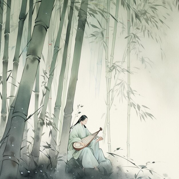 Arafed image of a woman in a white dress playing a musical instrument in a bamboo forest generative ai