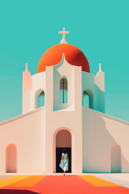 Arafed image of a woman in a white dress standing in front of a white church generative ai
